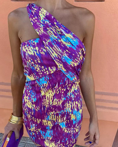 Irmgardi - Colorful Asymmetric Neckline Dress