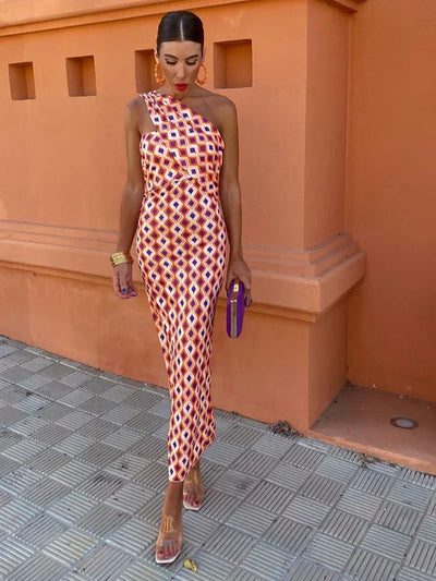 Irmgardi - Colorful Asymmetric Neckline Dress
