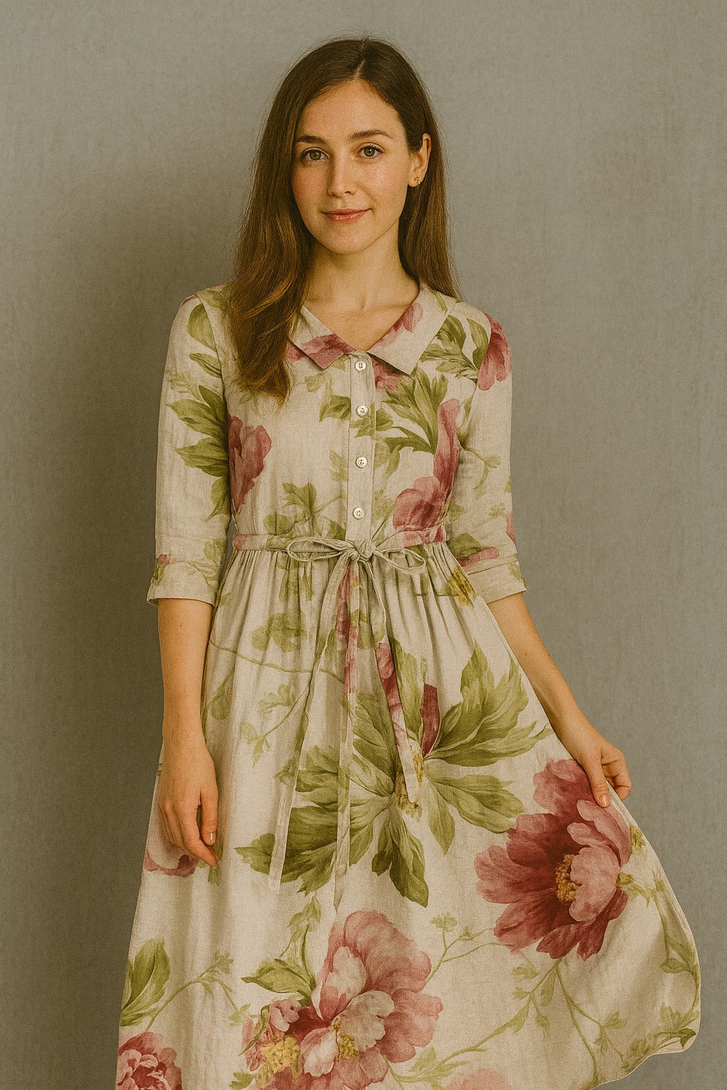 Marley - Vintage Lace-Up Waist Floral Print Dress