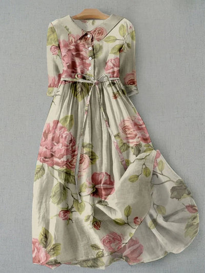 Marley - Vintage Lace-Up Waist Floral Print Dress