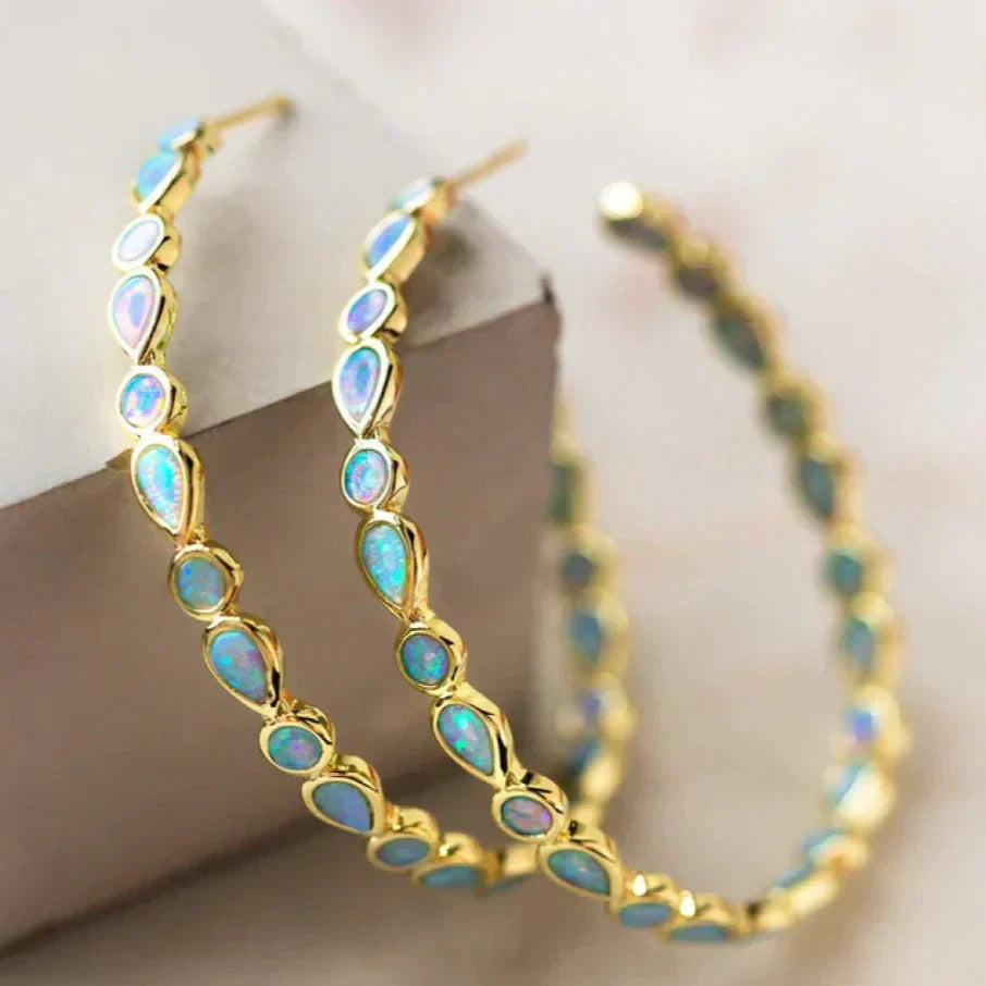 Emmeline - Vintage Blue Opal Golden Hoop Earrings
